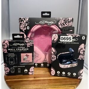 Ed Hardy Pink Wireless Headphones, Earbuds and 20W Wall Charger 3pc Bundle 0695
